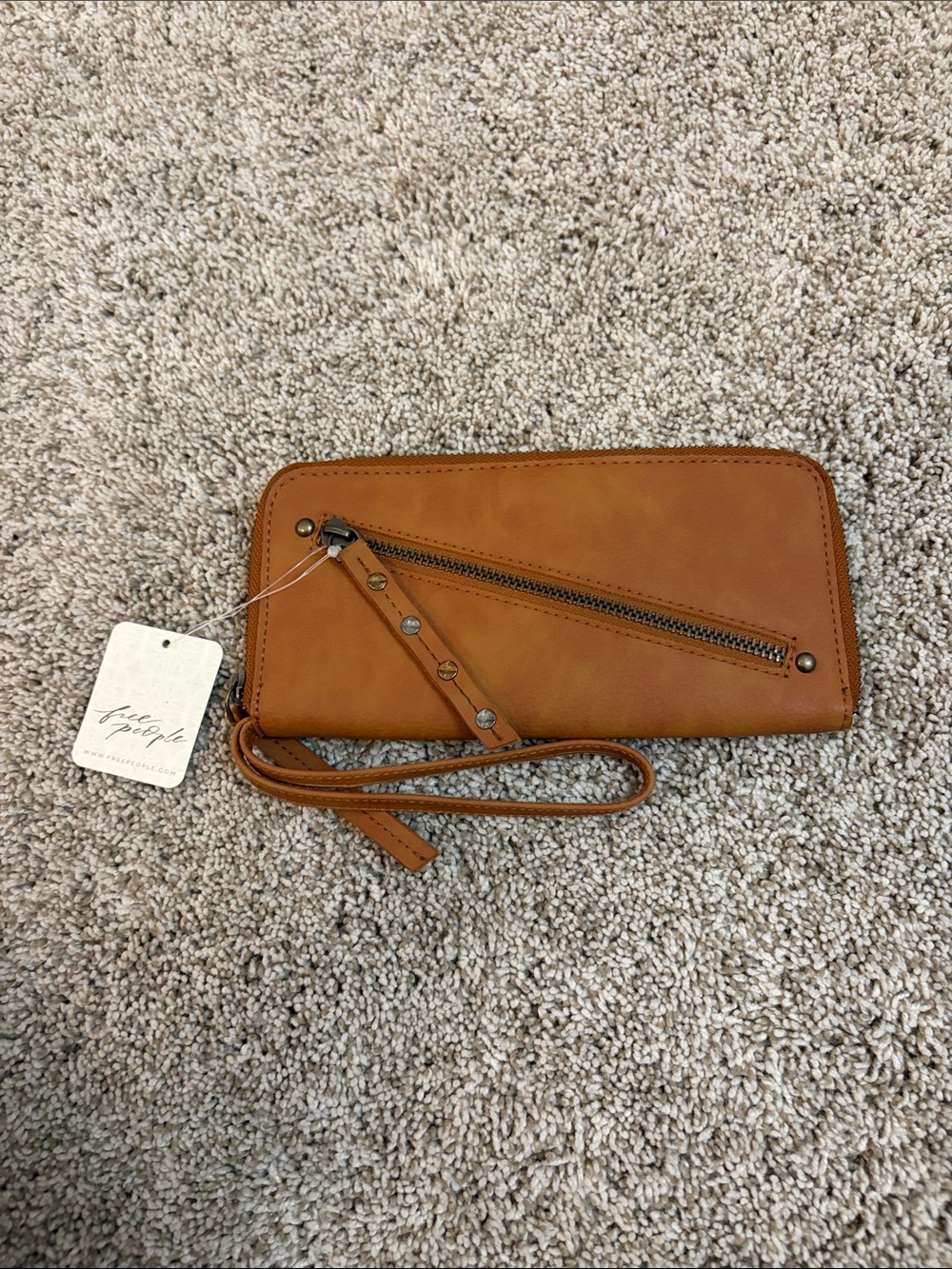 Free People Faux-Leather Tan Wristlet Clutch with Studded Zip Accent